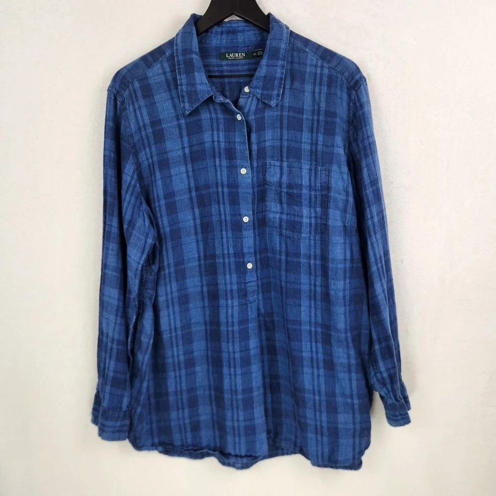 Lauren Ralph Lauren 100% Linen Button Up Tunic Women 2X Blue Plaid Prep Coastal